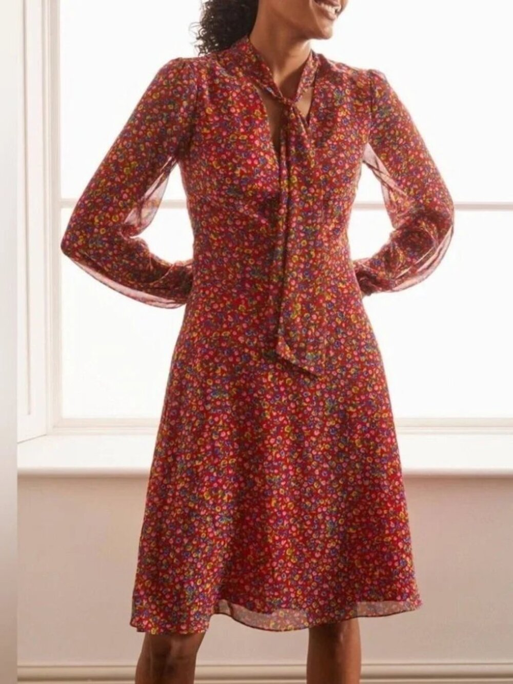 Boden Imogen Floral Chiffon Long Sleeve Tie Neck Dress Size 8 Petite